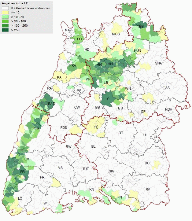 Karte mit der Verteilung des Reblands in Baden-Württemberg