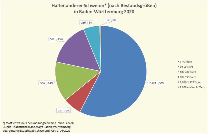 Die Grafik zeigt die Anzahl der Halter der anderen Schweine (Mastschweine, Eber, Jungschweine) in Baden-Württemberg 2020, aufgeteilt nach Bestandsgrößen