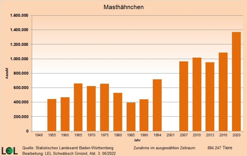 Das Säulendiagramm zeigt die Entwicklung der Anzahl der gehaltenen Masthähnchen in Baden-Württemberg seit 1949