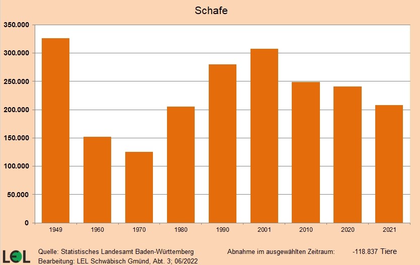 Balkendiagramm mit der Entwicklung der Schafhaltung in Baden-Württemberg zwischen 1949 und 2022 - Anzahl der Tiere